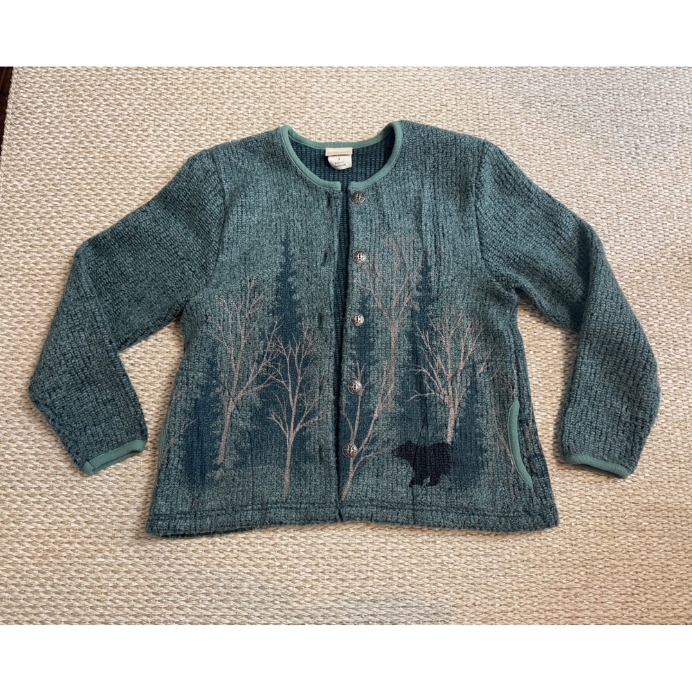 Artisans Forest Bear Pine Tree Cardigan Sweater rustic cabin cottage granny